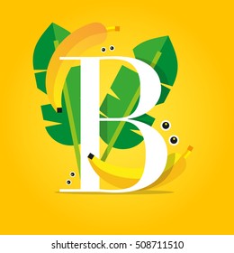 Vector illustration of initial alphabet letter B with bananas, banana leaves and gradient background