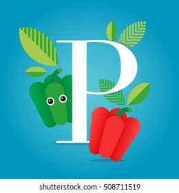 Vector illustration of initial alphabet letter P with sweet peppers, leaves and gradient background