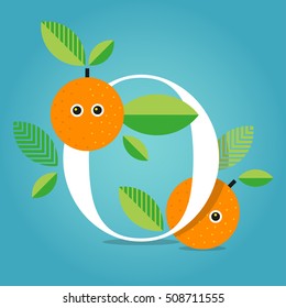 Vector illustration of initial alphabet letter O with oranges, leaves and gradient background