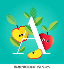 Vector illustration of initial alphabet letter A with apples, leaves and gradient background