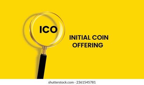 Vector illustration of Initial coin offering abbreviation ICO. Acronym banner with magnifying glass on yellow background.