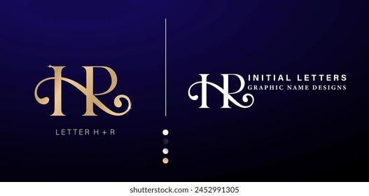 Vektorillustration Initialen HR Alphabet Buchstaben Logos Design mit gold und schwarz für Unternehmen und Unternehmen, Branding-Werbekampagnen, Buchdruck, Stickerei, Deckeinladungen, Umschlagzeichen Symbole