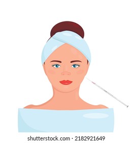 Vector illustration of injection for healthy glowing skin for smiling female client. Dermatologist make beauty procedures for woman patient in aesthetic medical clinic. Cosmetology concept. 