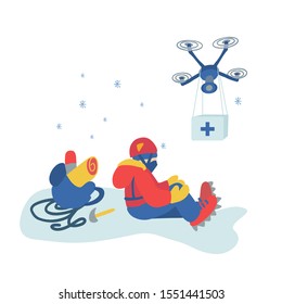 Vector illustration of an injured climber and a drone with first aid kit. Drone helps people in dangerous and hard-to-reach places. Emergency medical concept.