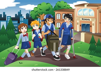 A vector illustration of injured kid walking home from school on crutches and his friends help him carrying his books and bag