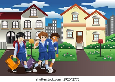 A vector illustration of injured kid walking home from school and his friends help him carrying his books and bag