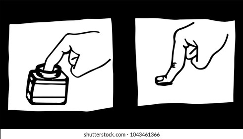 A vector illustration of an ink cartoon of a hand that dips a finger in a jar (filled with ink or paint) and presses the finger against a surface. 