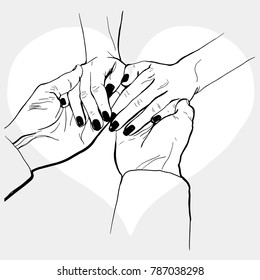 Vector illustration ink drawing style of holding couple hands on grey background and white heart. Woman hands with black manicure. Love postcards, fashion illustration, Valentine’s day, Wedding