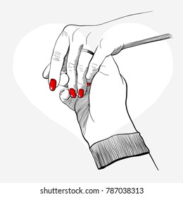 Vector illustration ink drawing style of beautiful couple hands on grey background. Woman hand with red manicure and bride ring. Love postcards, fashion illustration, Valentine’s day, Wedding