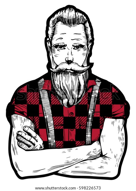 Vector\
illustration of ink drawn man with beard and mustaches in squared\
black with red lumberjack shirt with rolled up sleeves. Close-up\
worker portrait in hand-drawn vintage\
style.