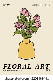 Vector illustration - ink floral posters with tulip flowers in vase. Art for for prints, wall art, banner, background