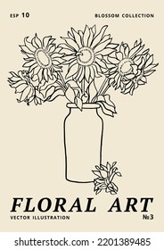 Vector illustration - ink floral posters with sunflower flowers in vase. Art for for prints, wall art, banner, background