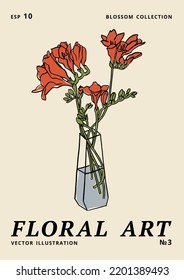 Vector illustration - ink floral posters with freesia flowers in vase. Art for for prints, wall art, banner, background