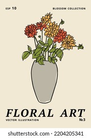 Vektorgrafik - rosafarbene Blumenplakate mit Chrysanthemen-Blumen in Vase. Kunst für Drucke, Tapete, Banner, Hintergrund