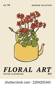 Vector illustration - ink floral posters with geranium flowers in vase. Art for for prints, wall art, banner, background