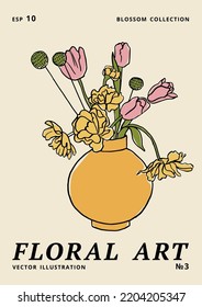 Ilustración vectorial - afiches florales de tinta con flores de tulipán en jarrón. Arte para impresiones, arte en la pared, banner, fondo