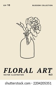 Ilustración vectorial - afiches florales de tinta con flores de peonía en jarrón. Arte para impresiones, arte en la pared, banner, fondo