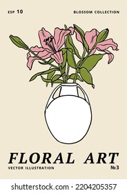 Vector illustration - ink floral posters with lily flowers in vase. Art for for prints, wall art, banner, background