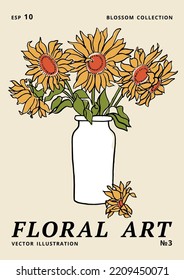 Ilustración vectorial - afiches florales de tinta con flores de girasol en jarrón. Arte para impresiones, arte en la pared, banner, fondo