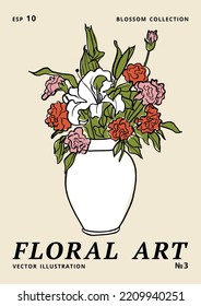 Vector illustration - ink floral posters with carnation and lily flowers in vase. Art for for prints, wall art, banner, background