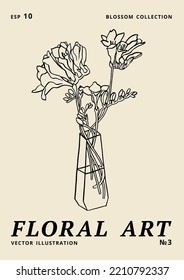 Vector illustration - ink floral posters with freesia flowers in vase. Art for for prints, wall art, banner, background