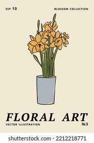 Vector illustration - ink floral posters with narcissus flowers in vase. Art for for prints, wall art, banner, background