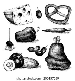 Vector illustration of ink hand drawn different food  - meat, bread, vegetables, cheese. Vintage design for card or menu.