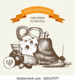Vector illustration of ink hand drawn different food  - meat, bread, vegetables, cheese. Vintage design for card or menu.