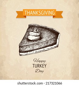 Vector illustration with ink hand drawn pumpkin pie for thanksgiving day design. Vintage turkey day sketch on aged background