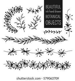 Vector illustration with  ink hand drawn botanical objects on white background, can use for greeting, post cards, template