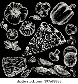 Vector illustration ink hand drown Italian tasty pizza ingredients elements set: tomato basil mushroom, onion pepper cheese , olives and eggs, bacon. Isolated on chalkboard background.