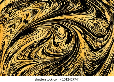 Vector Illustration of ink marbling texture isolated on black. Trendy gold background for design, party, invitation, web, banner, birthday, wedding, business card. Hand drawn suminagashi art.