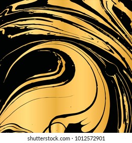 Vector Illustration of ink marbling texture isolated on black. Trendy gold background for design, party, invitation, web, banner, birthday, wedding, business card. Hand drawn suminagashi art.