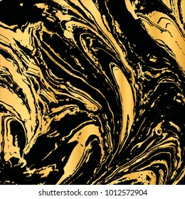 Vector Illustration of ink marbling texture isolated on black. Trendy gold background for design, party, invitation, web, banner, birthday, wedding, business card. Hand drawn suminagashi art.