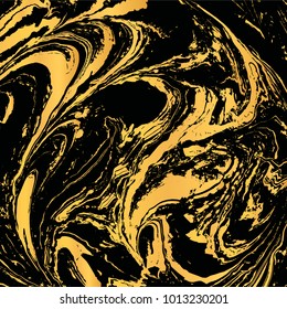 Vector Illustration of ink marbling texture isolated on black. Trendy gold background for design, party, invitation, web, banner, birthday, wedding, business card. Hand drawn suminagashi art.