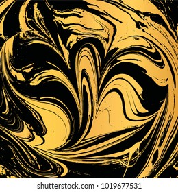 Vector Illustration of ink marbling texture isolated on black. Trendy gold background for design, party, invitation, web, banner, birthday, wedding, business card. Hand drawn suminagashi art.