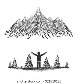 Vector illustration with ink mountains, forest and boy silhouette. Hand drawn style motivational and inspirational typography poster with landscape. Travel inspire, t-shirt print design