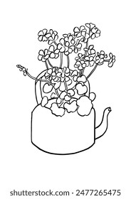 Vector illustration - ink sketch of geranium flowers in tea pot. Art for for prints, wall art, banner, background