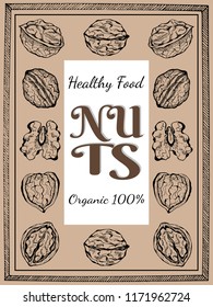 Vector illustration of ink sketch hand drawn walnut plant. Farmer market design. Vintage, retro style. Whole, half nuts seed. Healthy food, organic. Poster, card template, Flyer, booklet.