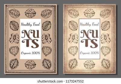Vector illustration of ink sketch hand drawn brown walnut plant. Farmer market design. Vintage, retro style. Whole, half nuts seed. Healthy food, organic. Poster, card template, Flyer, booklet.