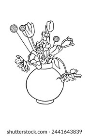 Vector illustration - ink sketch with tulip flowers with vase . Art for for prints, wall art, banner, background
