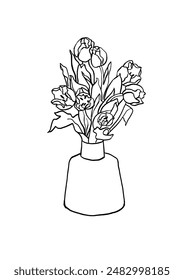 Ilustración vectorial - boceto de tinta con flores de tulipán con jarrón . Arte para estampados, arte de pared, Anuncio, fondo