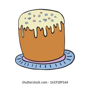 Vector illustration ink sketch.Easter cake with colorful sprinkles in cartoon style isolated on white background. Stickers, sticker pack. Happy easter symbol Easter cake on a plate.Holiday sweet food.