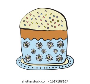Vector illustration ink sketch.Easter cake with colorful sprinkles in cartoon style isolated on white background. Stickers, sticker pack. Happy easter symbol Easter cake on a plate.Holiday sweet food.