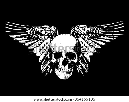 Vector illustration - Ink skull with wings on black bachground
