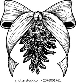 Vector illustration of inkline pine cone with bow.