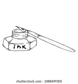 Vector illustration of an inkwell. Inkwell with a feather. Inked with a brush. Hand drawn inkwell.