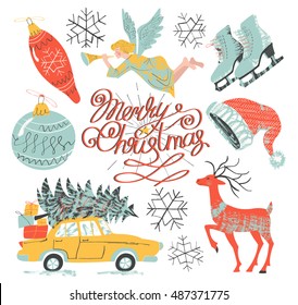 Vector illustration with the inky textures in vintage style. The set with angel, star, car, tree, presents, snowflakes, figure skates, deer, Santa's hat, decorations and lettering "Merry Christmas"
