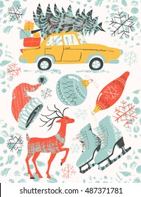 Vector illustration with the inky textures in vintage style for Christmas. The postcard with retro car, tree, presents, snowflakes, figure skates, deer, Santa's hat and decorations 
