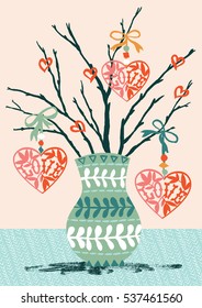 Vector illustration with the inky textures in vintage style for Valentine's day. The postcard with bouquet of branches and paper cutting hearts.
